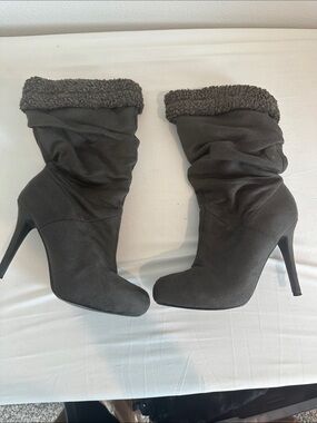 Women's Gray Faux Suede Slouch Boot with Faux Fur Cuff